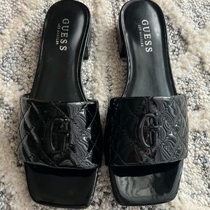 Guess Tiya Black Faux Patent Leather Slide Heels